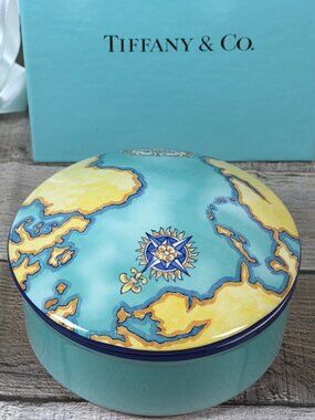 VTG Tiffany & Co Trinket Box France World Discovery Map Ceramic Dish Lid GIFT